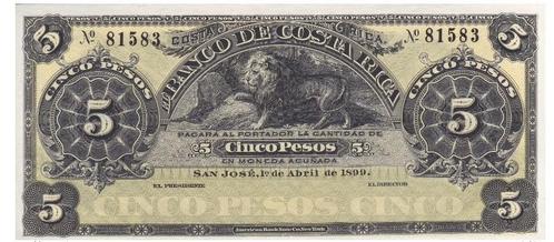 Costa Rica, 5 colones, 1899, UNC, Timbres & Monnaies, Billets de banque | Amérique, Billets en vrac, Amérique centrale, Envoi
