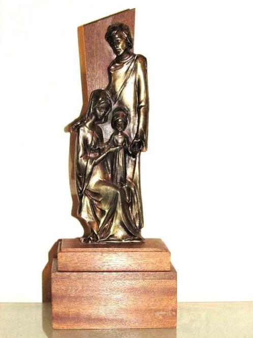 Vintage houten muziekdoos met bronzen religieuze beeldjes, Antiek en Kunst, Antiek | Religieuze voorwerpen, Ophalen of Verzenden