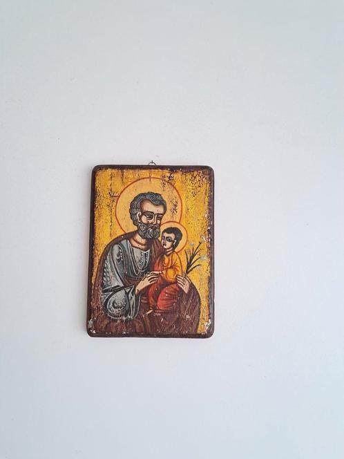 lcône S.Joseph et l'enfant Jésus bois peint à la main, Antiek en Kunst, Antiek | Religieuze voorwerpen, Ophalen of Verzenden