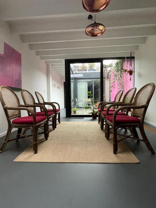 6 stoelen riet, Huis en Inrichting, Stoelen, Gebruikt, Vijf, Zes of meer stoelen, Riet of Rotan, Stof, Rood, Ophalen