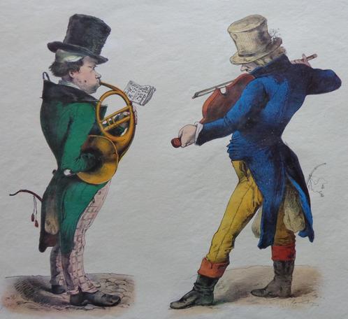 ONBEKEND / TWEE MUZIKANTEN/ KLEURGRAVURE / 40x49cm, Antiek en Kunst, Kunst | Etsen en Gravures, Ophalen of Verzenden