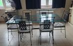 Gietijzeren eettafel  met glazen blad + 6 bijhorende stoelen, Tuin en Terras, Ophalen, Zo goed als nieuw, Eettafel