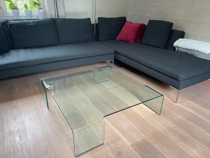 Design glazen Salontafel van FIAM, Huis en Inrichting, Tafels | Salontafels, Zo goed als nieuw, Minder dan 50 cm, 50 tot 100 cm