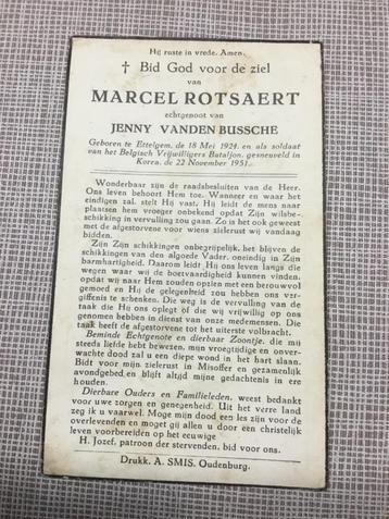 Soldaat paracommando M.Rotsaert gesneuveld KOREA 1951 beschikbaar voor biedingen