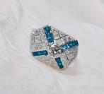 Belle Epoque platinum ring met diamanten en saffieren, cert, Blauw, Met edelsteen, 17 tot 18, Ophalen of Verzenden