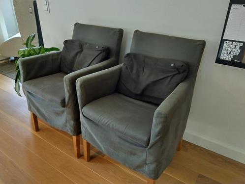 2 fauteuils met zowel taupe als antraciet hoezen, Huis en Inrichting, Fauteuils, Ophalen