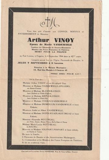 ROUWBRIEF OORLOG VINOT 4-9-44 FORT LEVEAU, Verzamelen, Ophalen of Verzenden, Rouwkaart