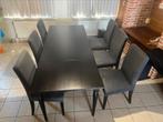 Uitschuifbare tafel 4-6p + 6 stoelen met hoes, Minimalistisch klassiek, 4 tot 6 stoelen, Zo goed als nieuw, Ophalen
