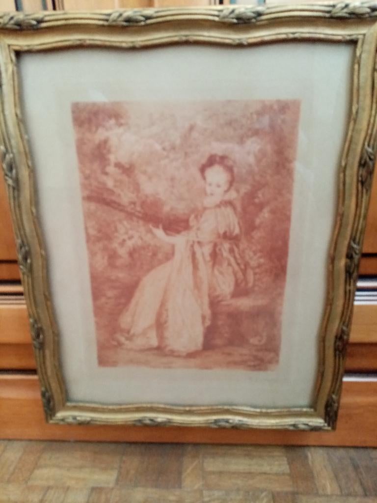 Gravure „La Finette” naar Wateau 1900s 37/30cm, Verzamelen, Foto's en Prenten, Gebruikt, Prent, Kind, Voor 1940, Ophalen of Verzenden