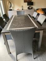 eettafel + 6 stoelen tafelblad Blauwe steen verzoet, Comme neuf, 100 à 150 cm, Enlèvement, 200 cm ou plus