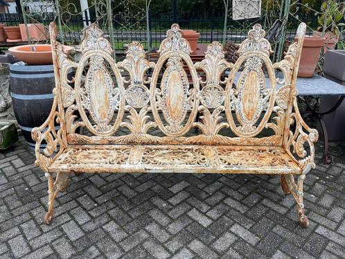 Zeer zware OUDE GIETIJZEREN BANK TUINBANK KASTEELBANK, Tuin en Terras, Tuinbanken, Gebruikt, Metaal, Ophalen