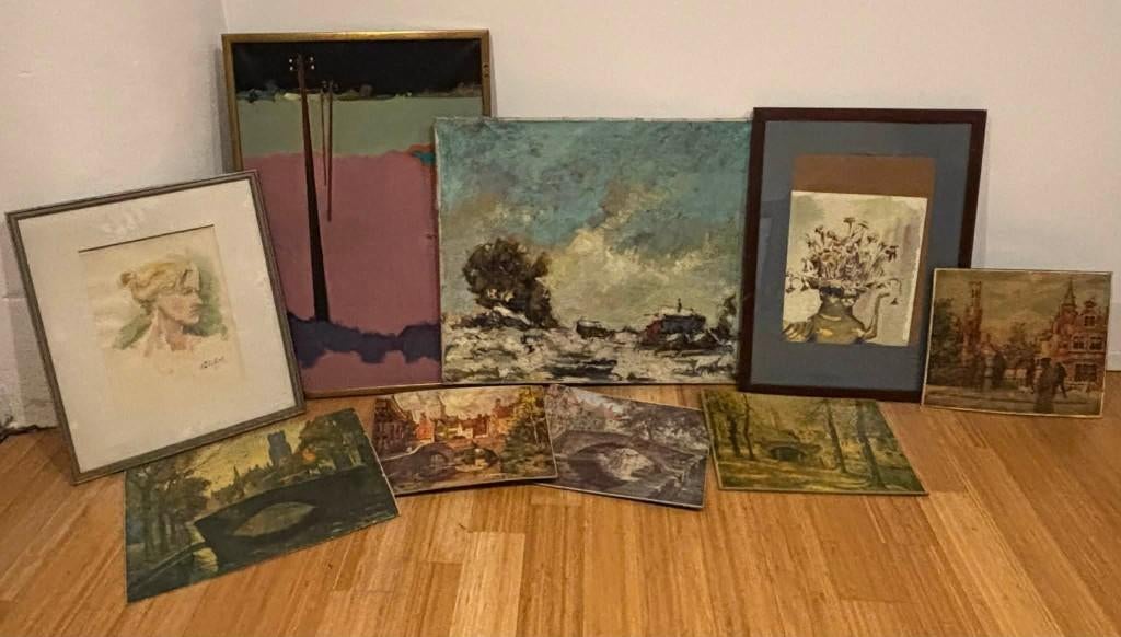 zoldervondst diverse schilderijen, aquarels, kaders, Ophalen