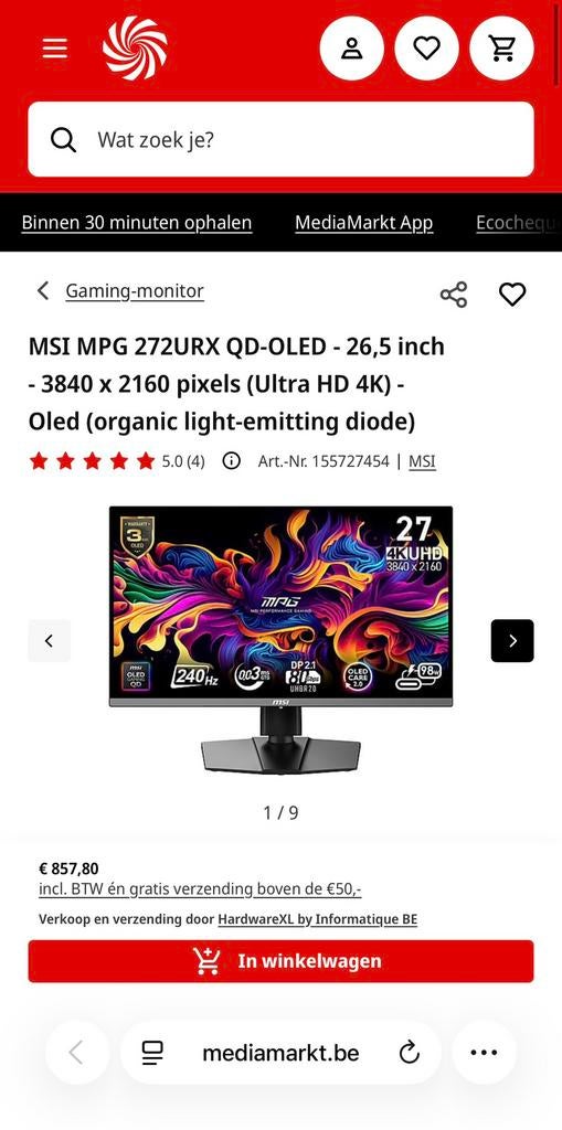 MSI MPG 272URX QD-OLED - 26,5 inch  (Ultra HD 4K) - Oled, Enlèvement ou Envoi, Comme neuf, HD