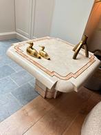 Vintage Mactan salontafel travertin met messing inleg, Ophalen, Gebruikt, Vierkant, Mid century