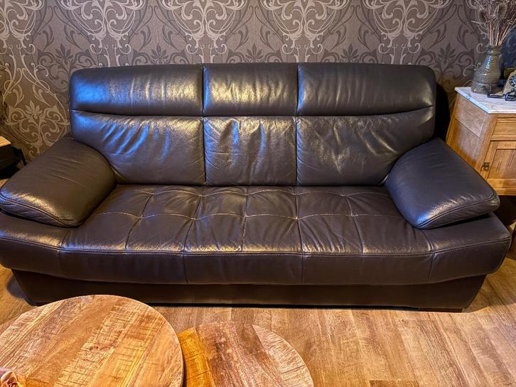 Lederen 3-zit + poef, Huis en Inrichting, Zetels | Zetels, Gebruikt, Rechte bank, Driepersoons, 200 tot 250 cm, 75 tot 100 cm