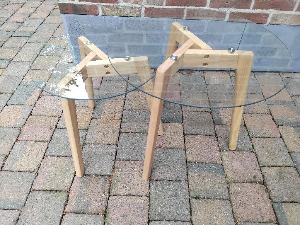 salontafelset 2 delig rond massief eik en glas, Huis en Inrichting, Tafels | Bijzettafels, Ophalen, Nieuw, Rond, Glas