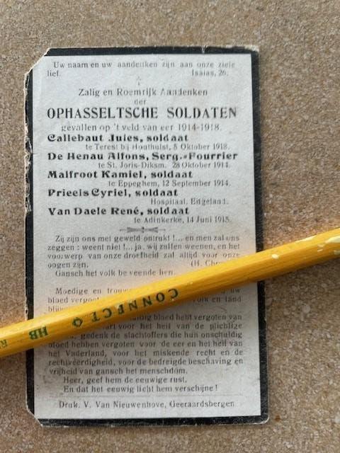 SOLDATS DE OPHASSELT LA GUERRE 14-18 Champ d'honneur tombés, Enlèvement ou Envoi, Image pieuse