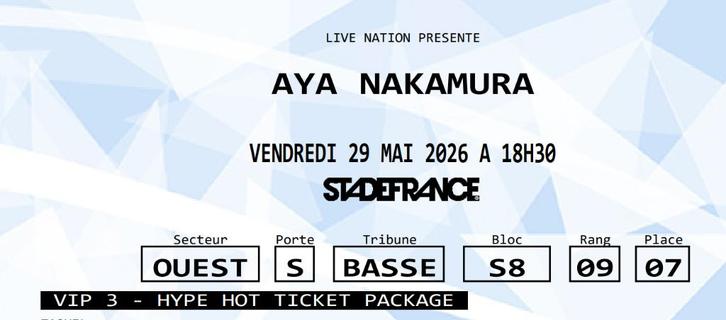 Concert AYA NAKAMURA - 29 mai 2026, Tickets & Billets, Concerts | Autre, Deux personnes, Mai