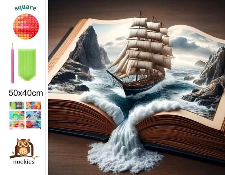 nr 16 Diamond Painting schip open boek 50x40cm (vierkant), Hobby en Vrije tijd, Knutselen, Nieuw, Knutselwerk, Ophalen of Verzenden
