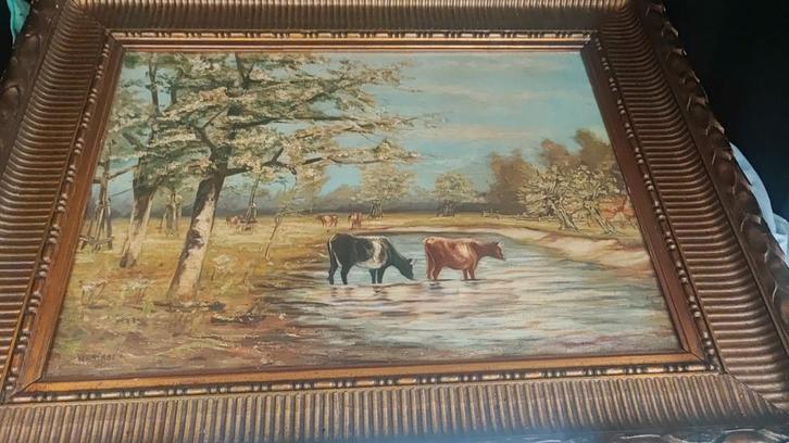 Koeien aan de waterkant olie schilderij op doek, Antiek en Kunst, Kunst | Schilderijen | Klassiek, Ophalen of Verzenden