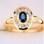 18 kt geel gouden ring met Saffier en 0,80 ct Diamanten, Ophalen of Verzenden, Zo goed als nieuw, Geel
