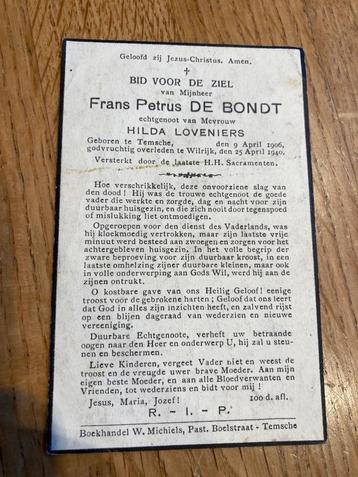 Oorlogsslachtoffer Frans De Bondt, Temsche, wilrijk 1940, Envoi, Image pieuse
