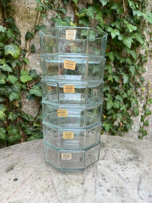 6 schaaltjes helder glas Arcoroc Octime 8-kantig, Huis en Inrichting, Keuken | Servies, Gebruikt, Schaal of Schalen, Overige stijlen