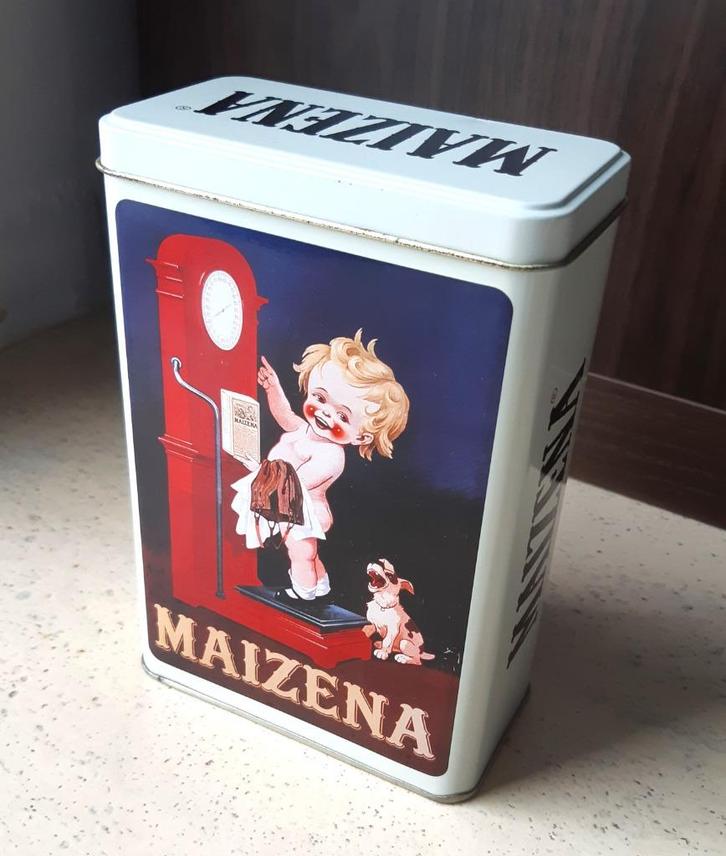 Vintage blikken doos Maizena kindje met hond, Verzamelen, Blikken, Gebruikt, Overige merken, Ophalen of Verzenden