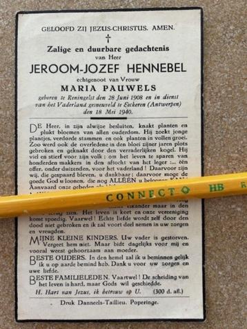 OORLOGSLACHTOFFER MEI 1940 te EKEREN DHR JEROOM HENNEBEL beschikbaar voor biedingen