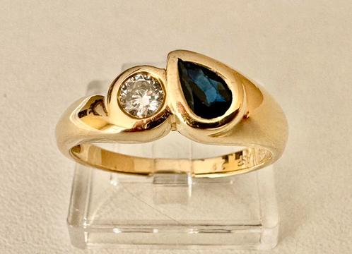 Damesring 14k goud met diamant 0.15ct en saffier 0.25ct, Bijoux, Sacs & Beauté, Bagues, Femme, 17 à 18, Jaune, Or, Avec pierre précieuse