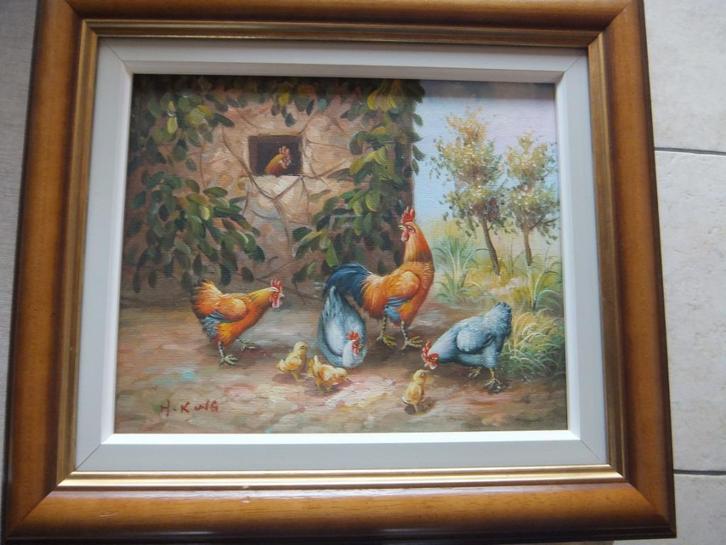 schilderij ,kippen, Antiek en Kunst, Kunst | Schilderijen | Klassiek, Ophalen of Verzenden