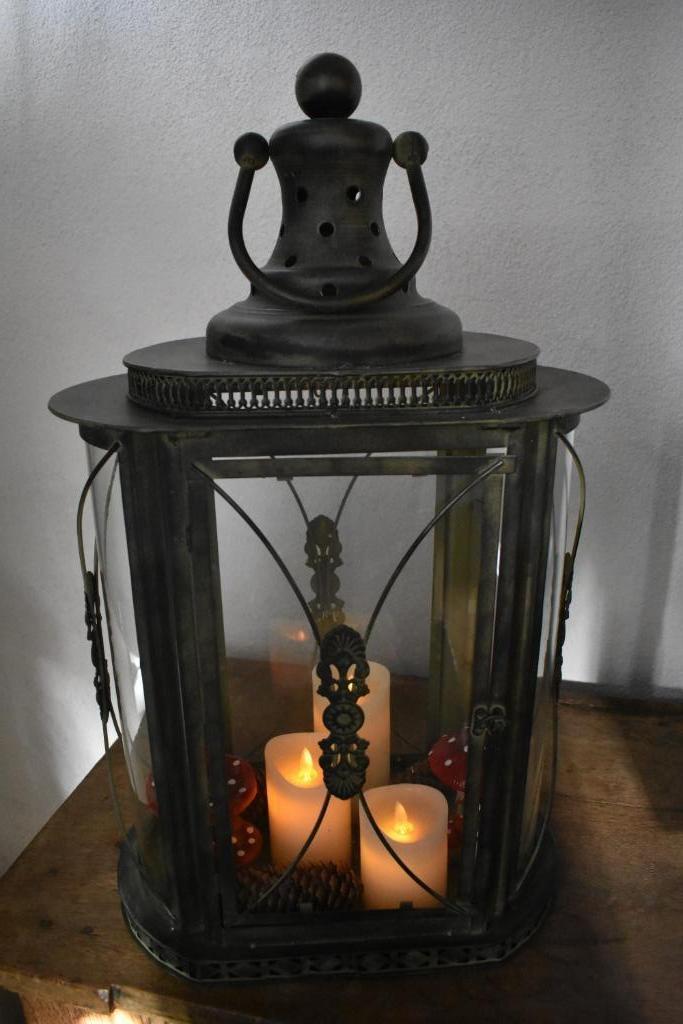 lantaarn kaarslamp klein en zeer groot bol glas verzinkt, Antiek en Kunst, Curiosa en Brocante, Ophalen of Verzenden