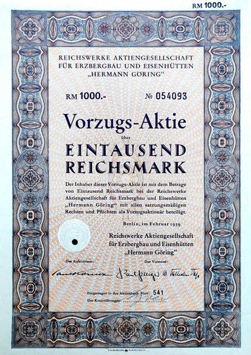Origineel aandeel Reichswerke "Hermann Göring" 1939 beschikbaar voor biedingen