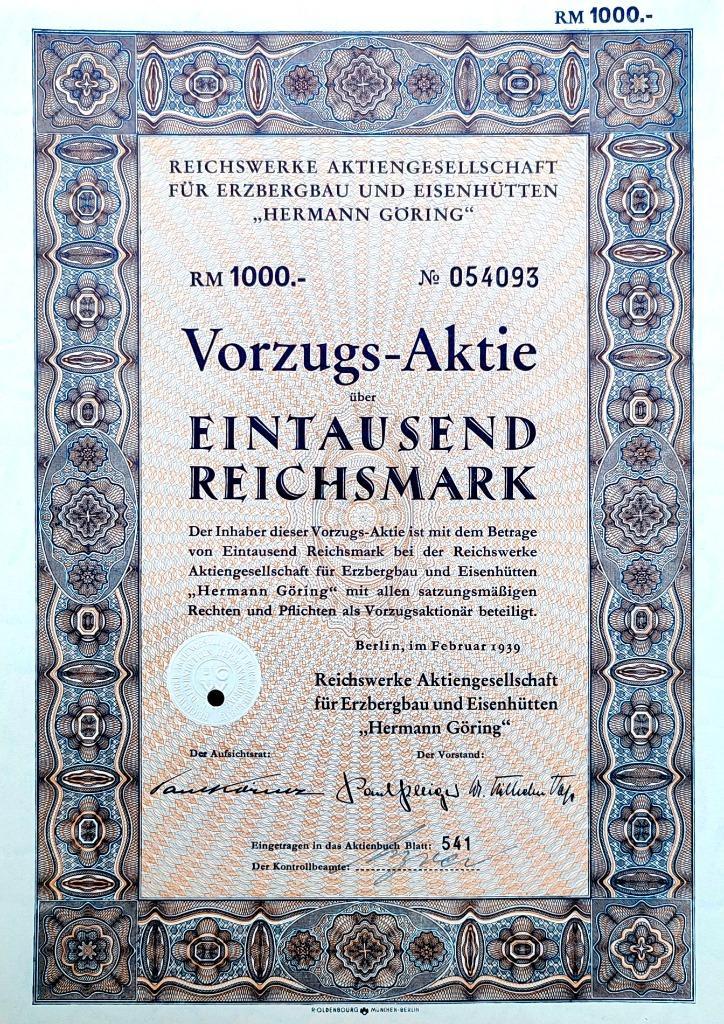 Origineel aandeel Reichswerke "Hermann Göring" 1939, Verzamelen, Militaria | Tweede Wereldoorlog, Ophalen of Verzenden