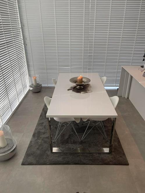 Hoogglans witte eettafel met RVS onderstel, Maison & Meubles, Tables | Tables à manger, Utilisé, 50 à 100 cm, 150 à 200 cm, Rectangulaire