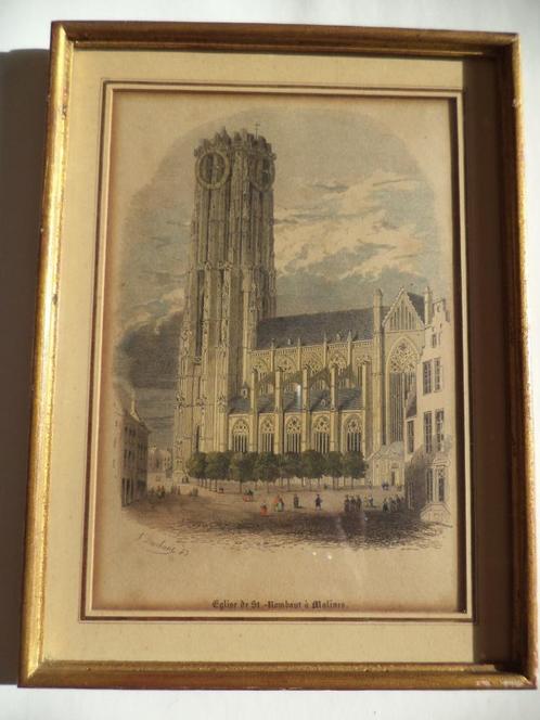 1843 F. Stroobant handgekleurde gravure Mechelen St Rombouts, Antiek en Kunst, Kunst | Etsen en Gravures, Ophalen of Verzenden
