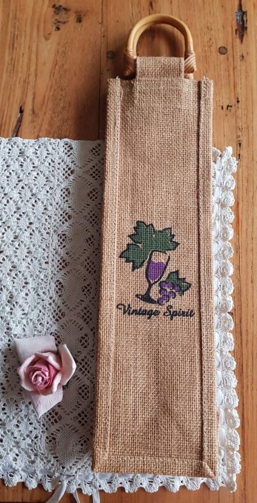 Jute kado tas voor fles wijn, druiven, bamboe grepen, Diversen, Cadeaupapier, Zo goed als nieuw, Ophalen of Verzenden