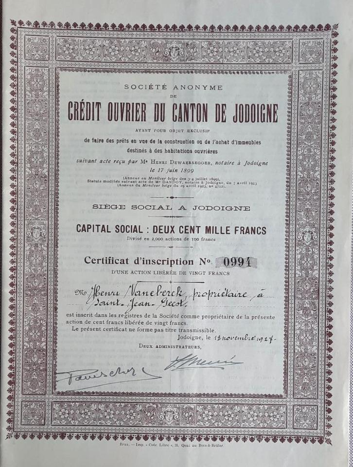 Crédit Ouvrier du Canton de Jodoigne - 1927 - certificat, Postzegels en Munten, Aandelen en Waardepapieren, Certificaat van aandeel