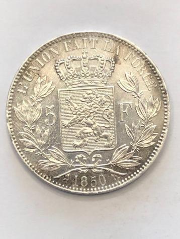 Munt zilver België 5 FR Leop I 1850 blootshoofd mooi ! beschikbaar voor biedingen