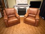 2 Bruine lederen feauteuil zetels, houtafwerking TOPSTAAT !, Ophalen, Nieuw, 75 tot 100 cm, Hout