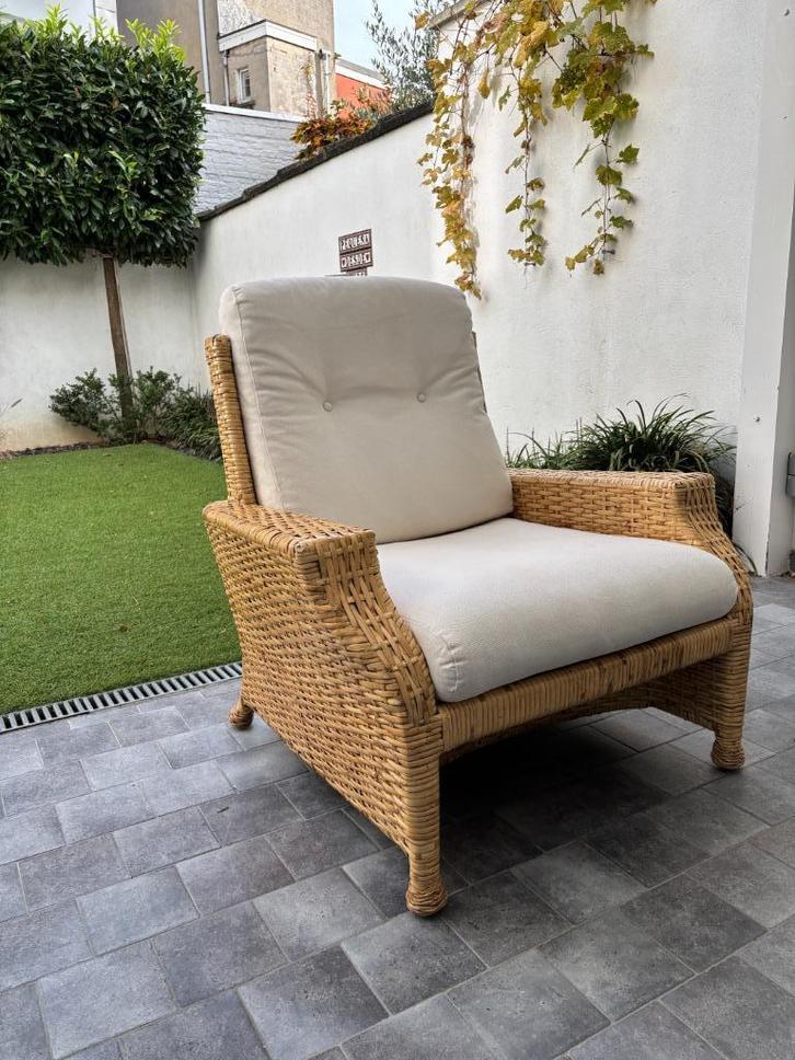 Mooie & kwalitatieve rotan fauteuil (lounge zetel), Huis en Inrichting, Fauteuils, Zo goed als nieuw, Riet of Rotan, Stof, 75 tot 100 cm