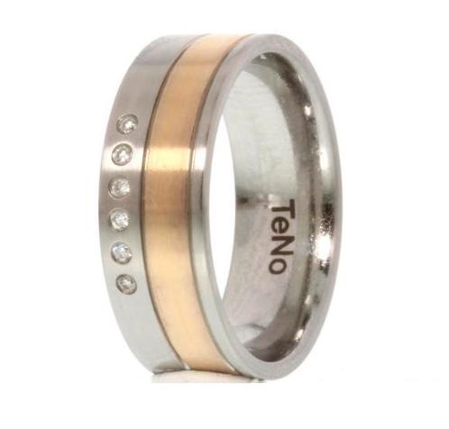 Trouwring Teno staal 14kt gouden ring met diamant Nieuw !, Bijoux, Sacs & Beauté, Bagues, Comme neuf, Femme ou Homme, 18 à 19