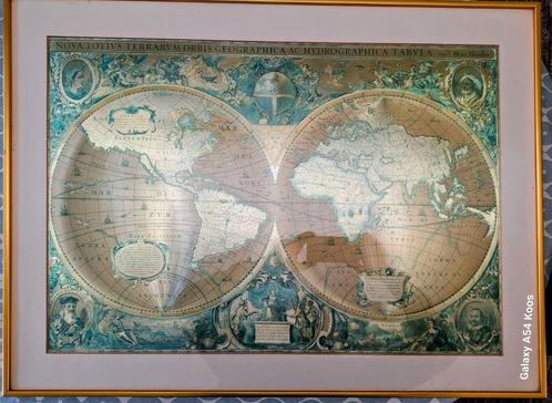 Heliogravur wereldkaart 1630 op goudfolie, Antiek en Kunst, Kunst | Etsen en Gravures, Ophalen