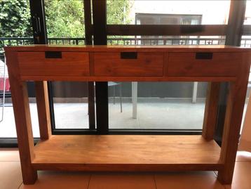 Prachtige console/wandtafel in massief teakhout met 3 lades, Enlèvement, Utilisé, Teck