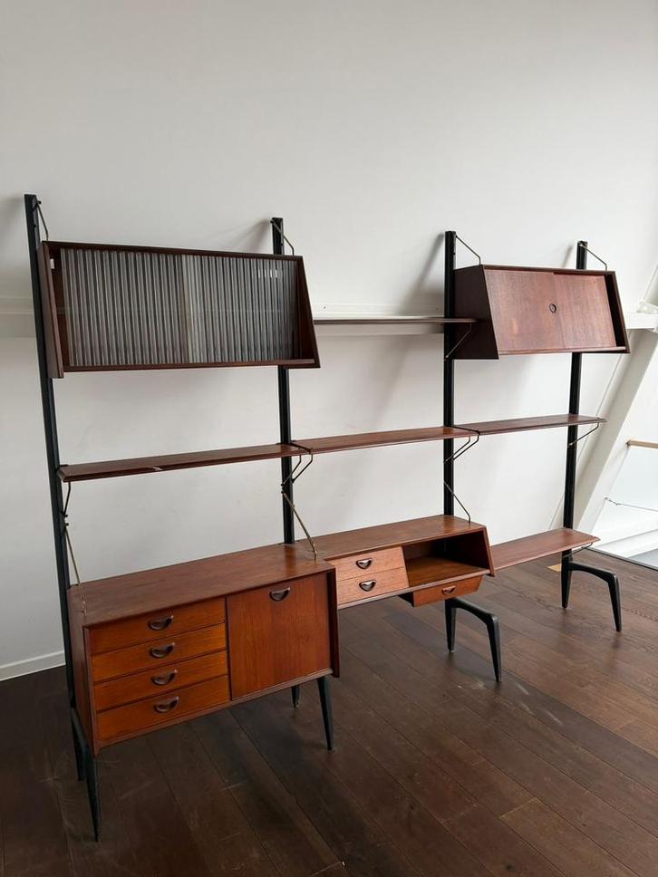 Teak Wall Unit by Louis Van Teeffelen for Webe, 1950s, Huis en Inrichting, Kasten | Wandmeubels, Zo goed als nieuw, Ophalen