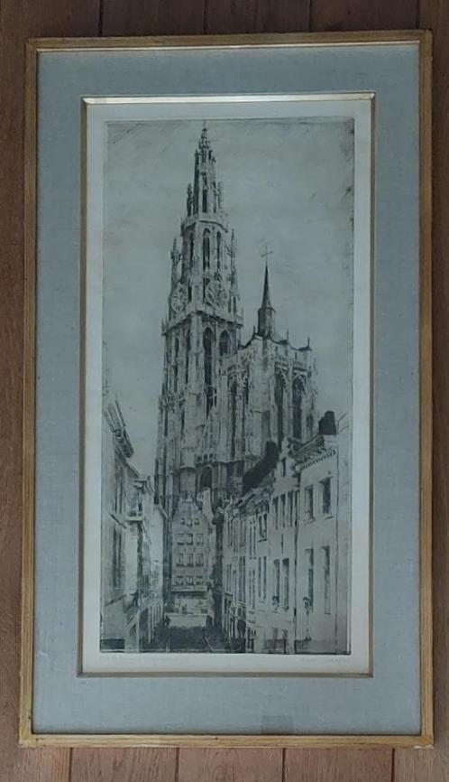 Malfliet Romain Antwerpen OLV Pelgrimstr grote ets/get/kader, Antiek en Kunst, Kunst | Etsen en Gravures, Ophalen of Verzenden