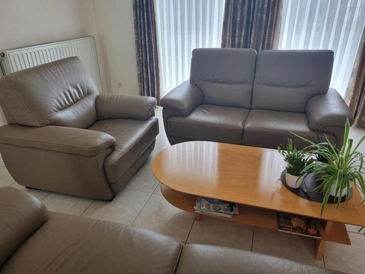 Lederen salon – taupekleur, Huis en Inrichting, Zetels | Complete zithoeken, Gebruikt, Ophalen