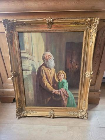 Groot oud schilderij op canvas ingelijst en gesigneerd  beschikbaar voor biedingen