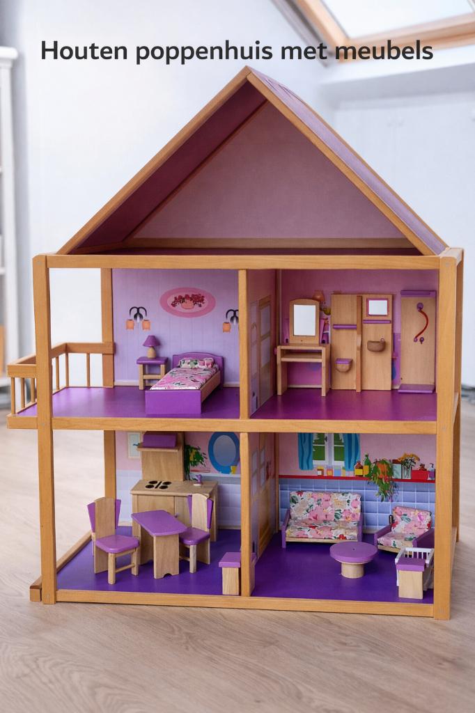 Groot houten poppenhuis met meubels – complete set, Kinderen en Baby's, Speelgoed | Poppenhuizen, Ophalen, Gebruikt, Poppenhuis