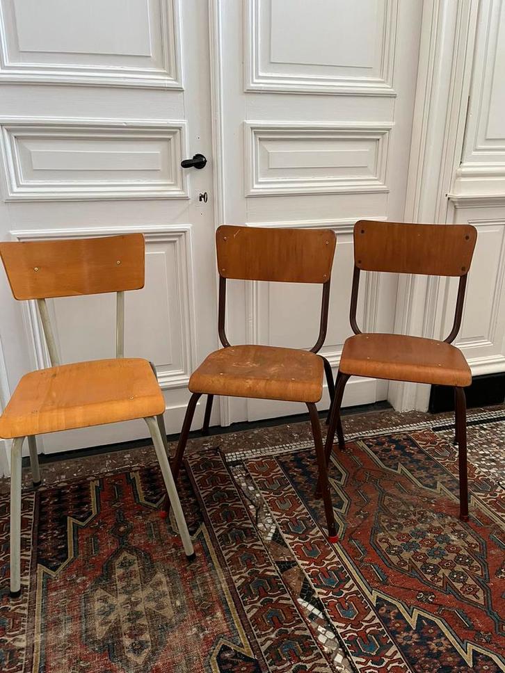 VINTAGE STOELEN SCHOOL KANTOOR 3 STUKS DUO PRACHTIGE KLEUR, Huis en Inrichting, Stoelen, Gebruikt, Drie, Ophalen
